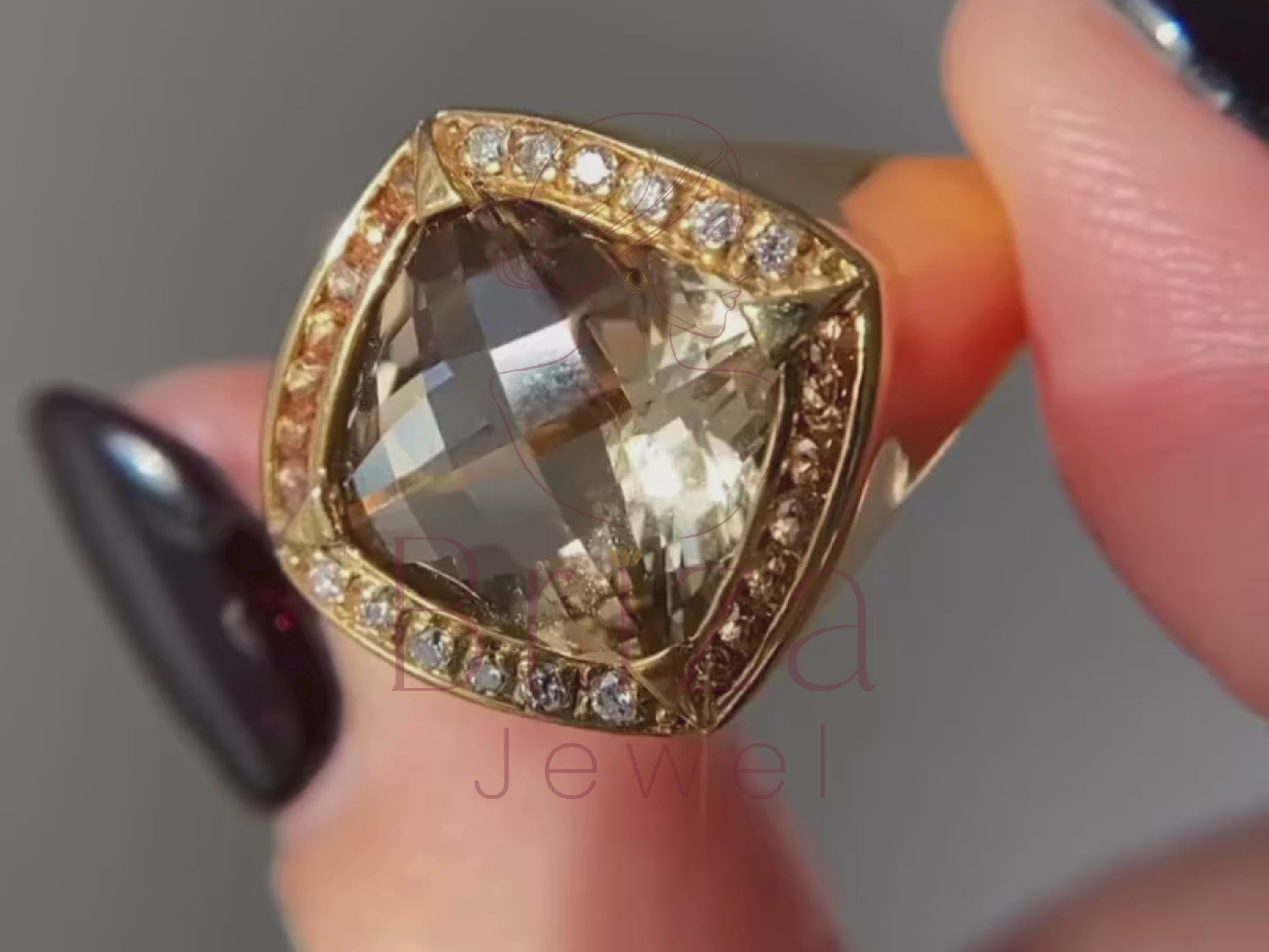 smoky quartz gold ring close-up showing faceted stone detail