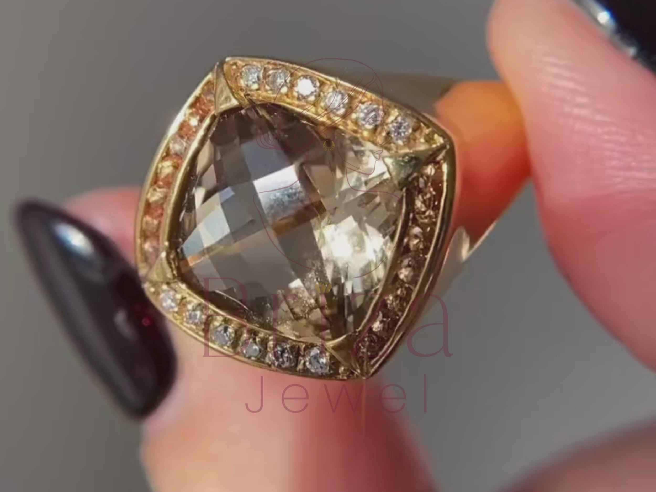 smoky quartz gold ring close-up showing faceted stone detail