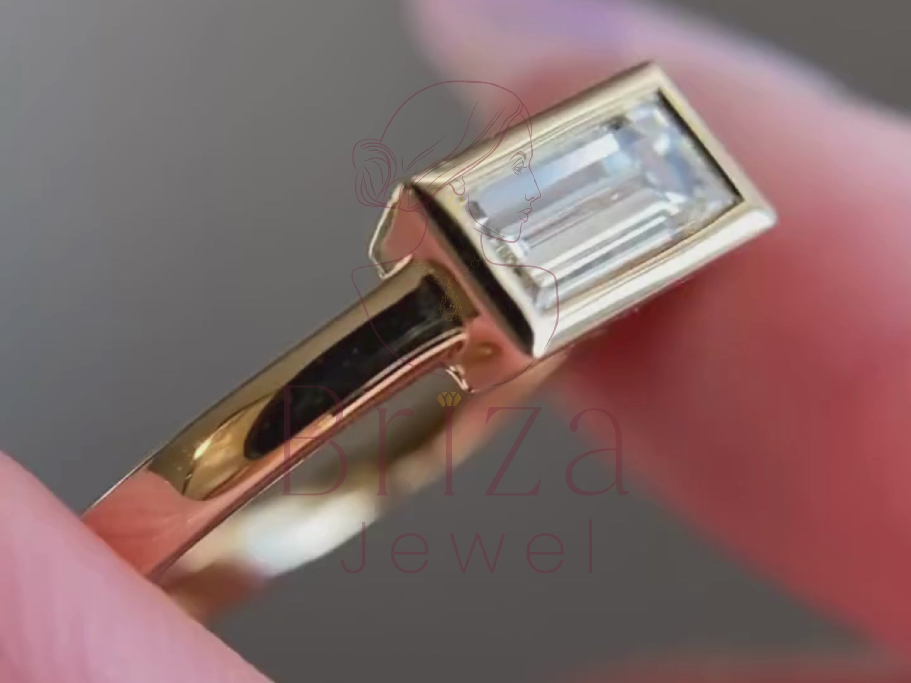 Bezel Set Engagement Ring Featuring Sleek Baguette Lab Diamonds