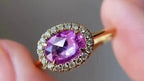 Pink Sapphire Eternity Band - Yellow Gold Diamond Halo Ring | Briza Jewel