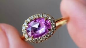 Pink Sapphire Eternity Band - Yellow Gold Diamond Halo Ring | Briza Jewel