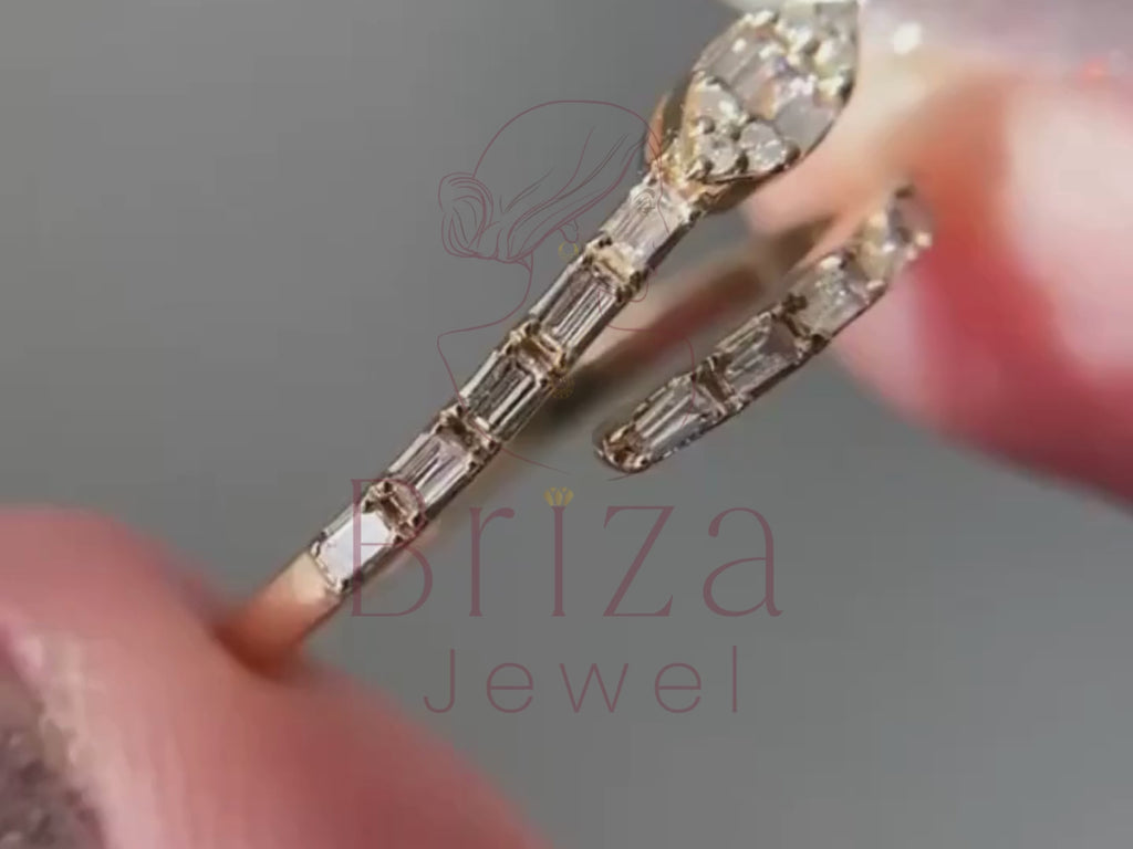 snake ring with diamond close-up showing baguette stone detail
