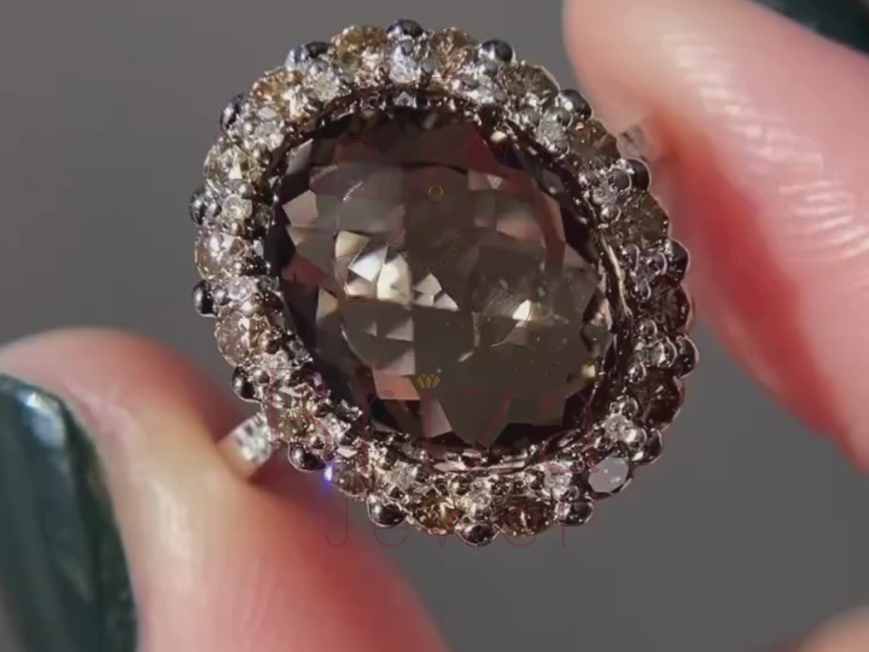 unique engagement ring close-up showing smoky quartz halo detail