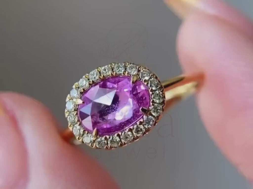 Pink Sapphire Eternity Band - Yellow Gold Diamond Halo Ring