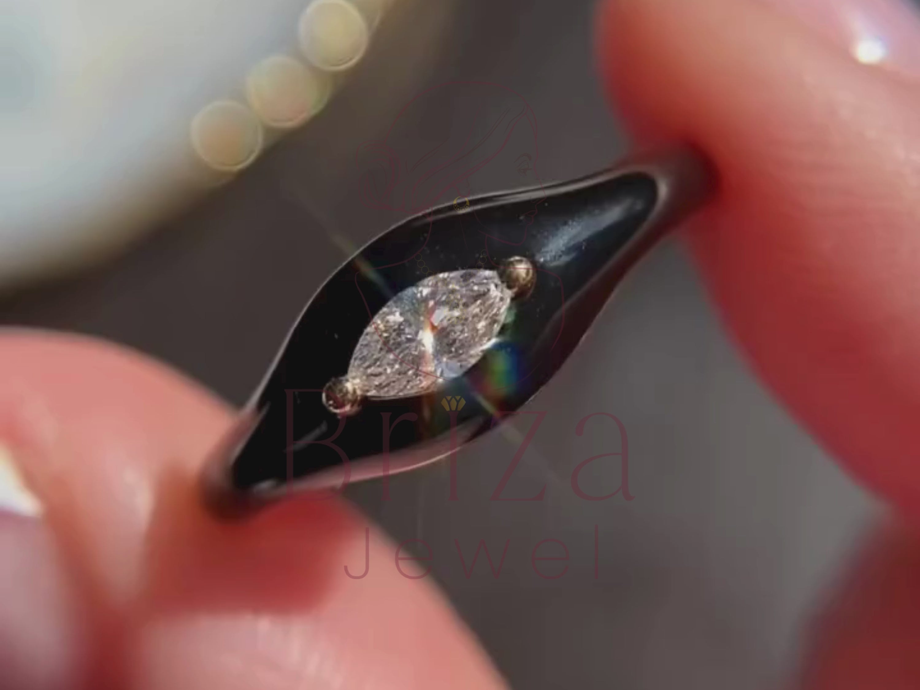 Black Marquise Ring Featuring Elegant Enamel and Moissanite Detail