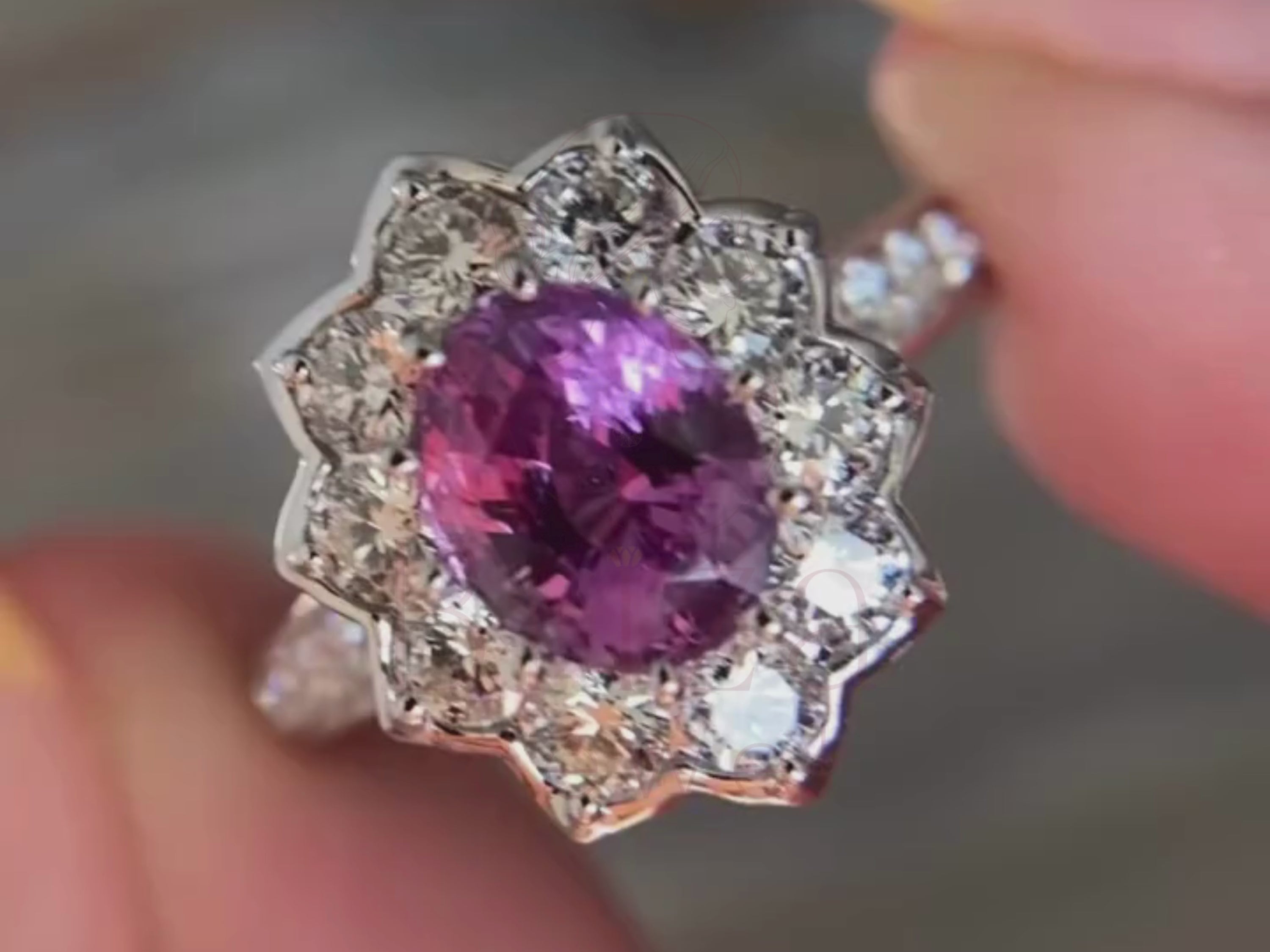 Pink Sapphire Band with Diamond Halo | Luxury Engagement Ring