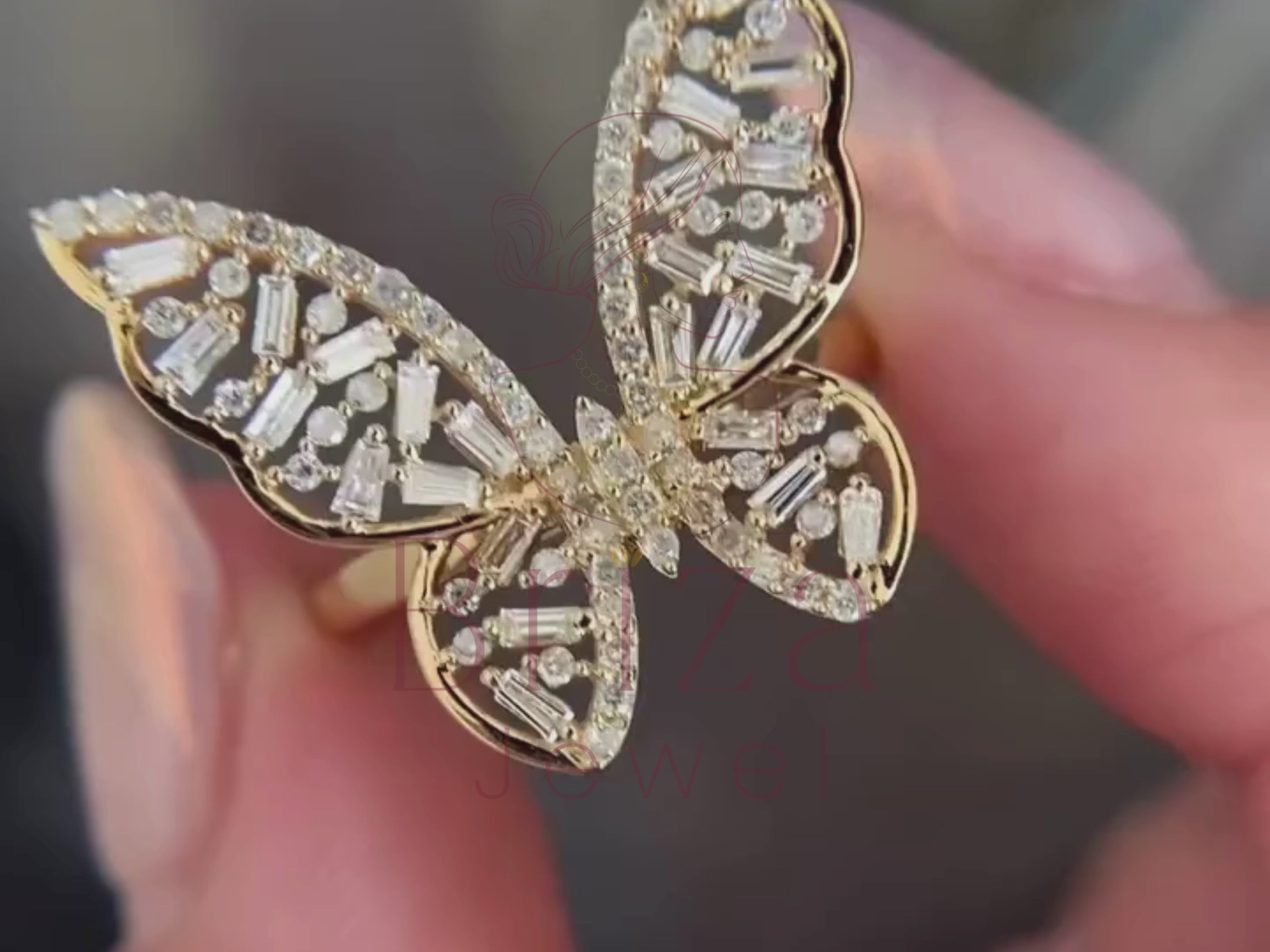 butterfly engagement ring close-up showing diamond setting