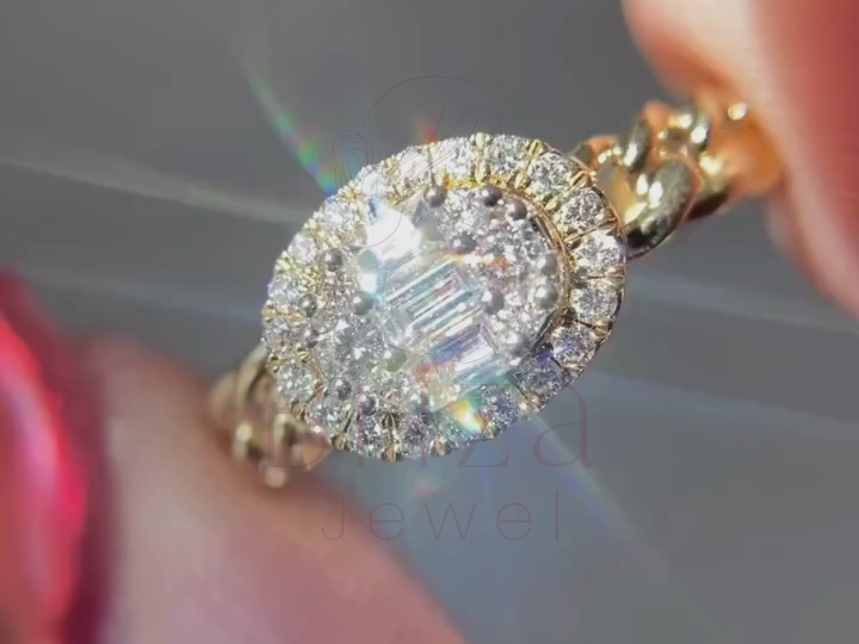 Baguette Engagement Ring Featuring Elegant Oval Halo Design