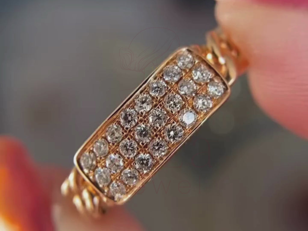 gold chain ring close-up showing pavé diamond links