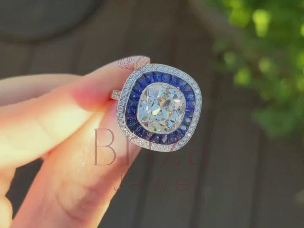 Cushion Cut Halo Engagement Ring with Blue Sapphire Accents