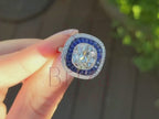 Cushion Cut Halo Engagement Ring with Blue Sapphire Accents