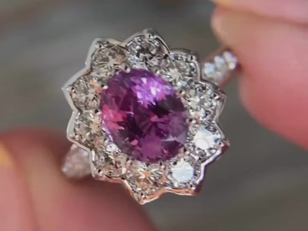 Pink Sapphire Band - Diamond Halo Ring