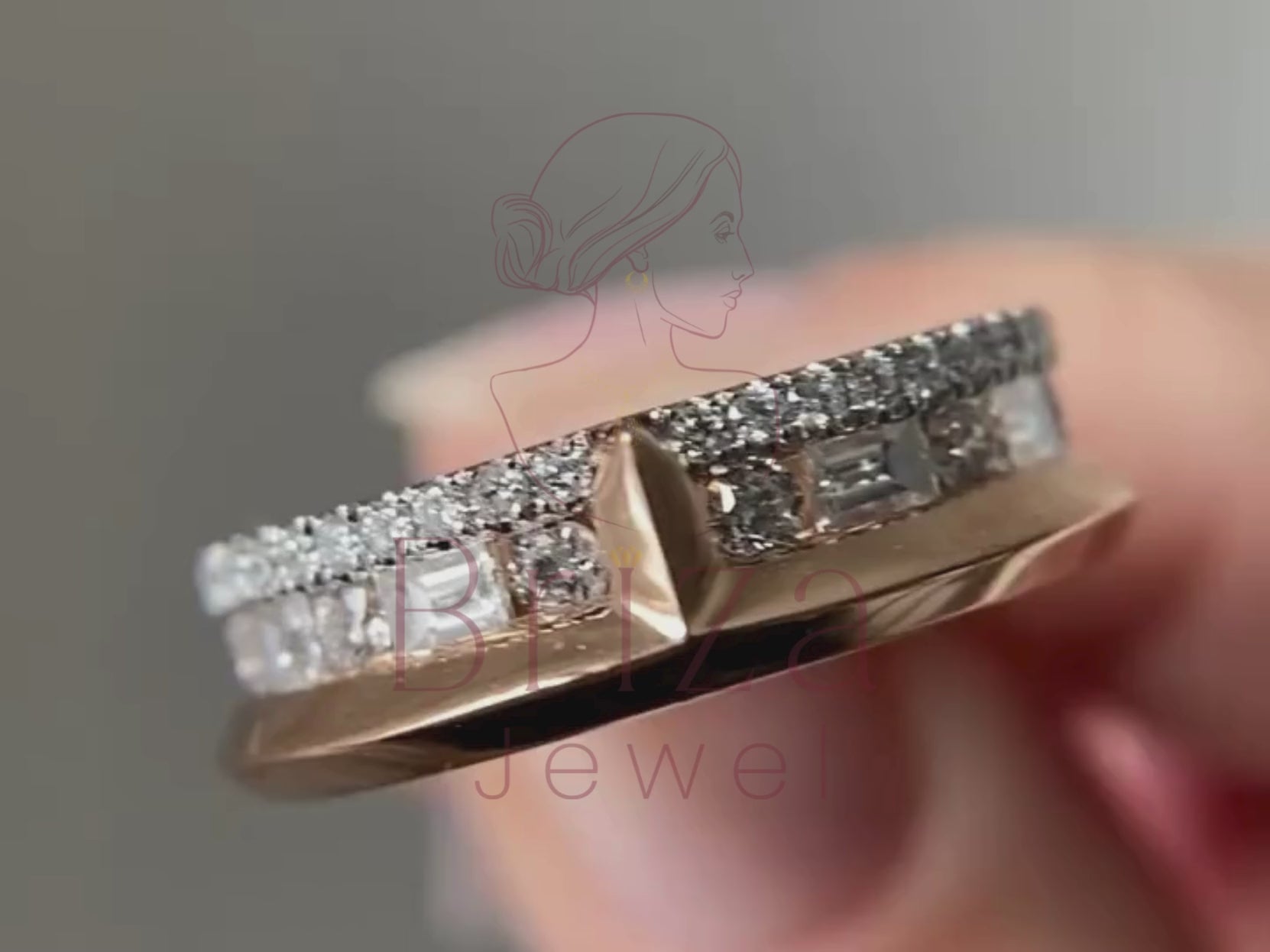 rose gold engagement ring close-up showing baguette moissanite detail