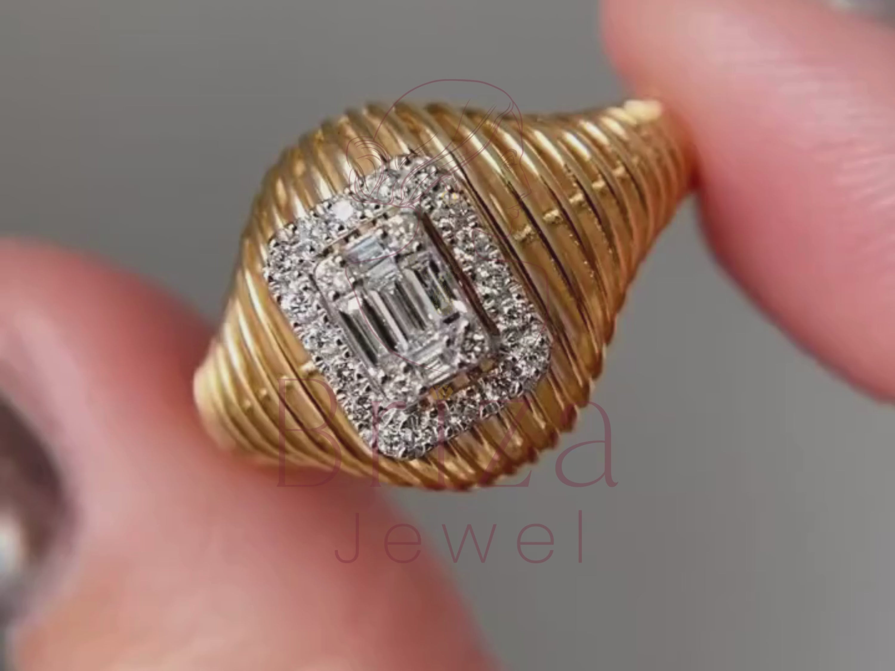 elegant engagement ring close-up showing baguette halo detail