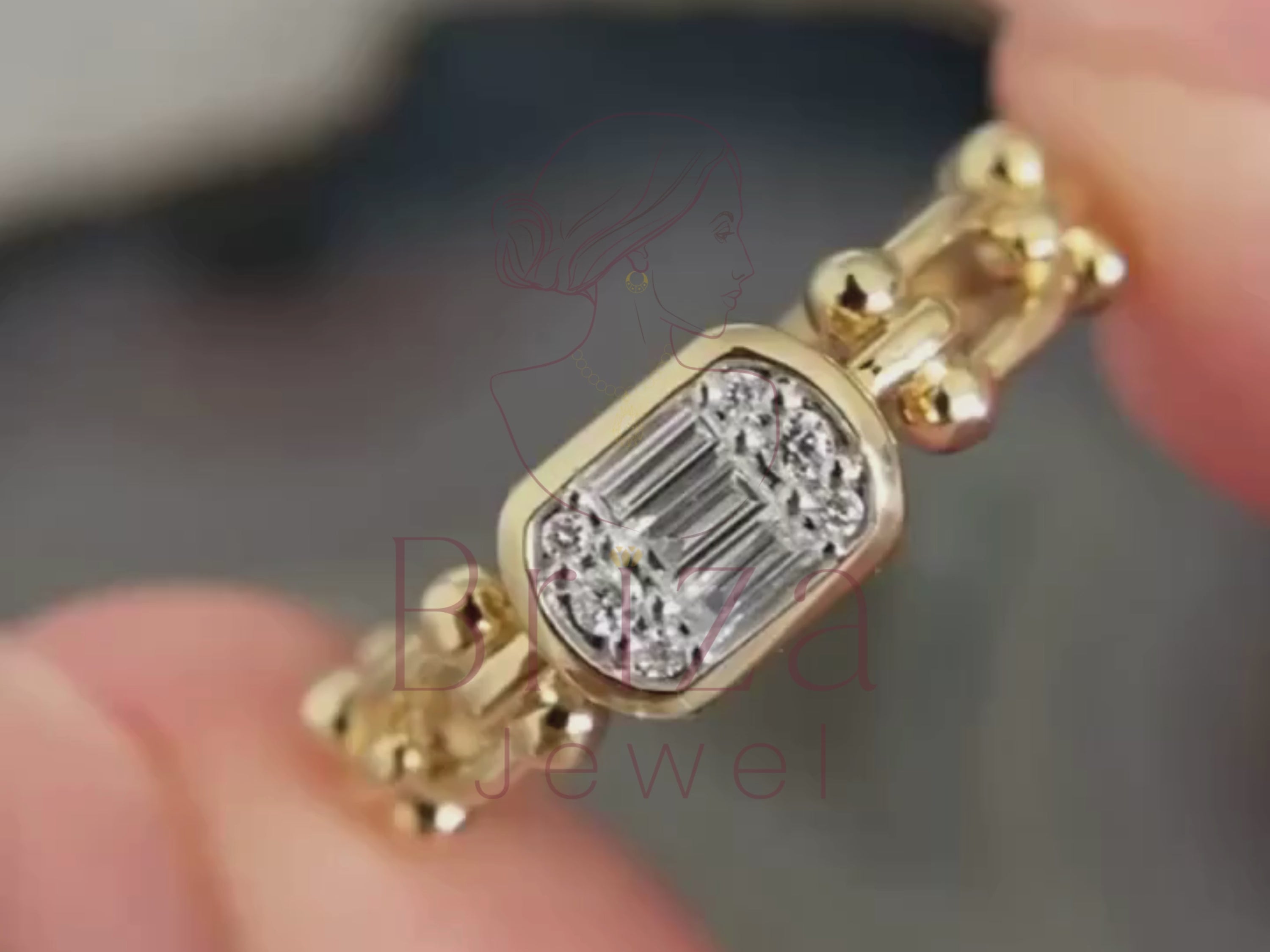 gold baguette diamond ring close-up showing linear stone detail