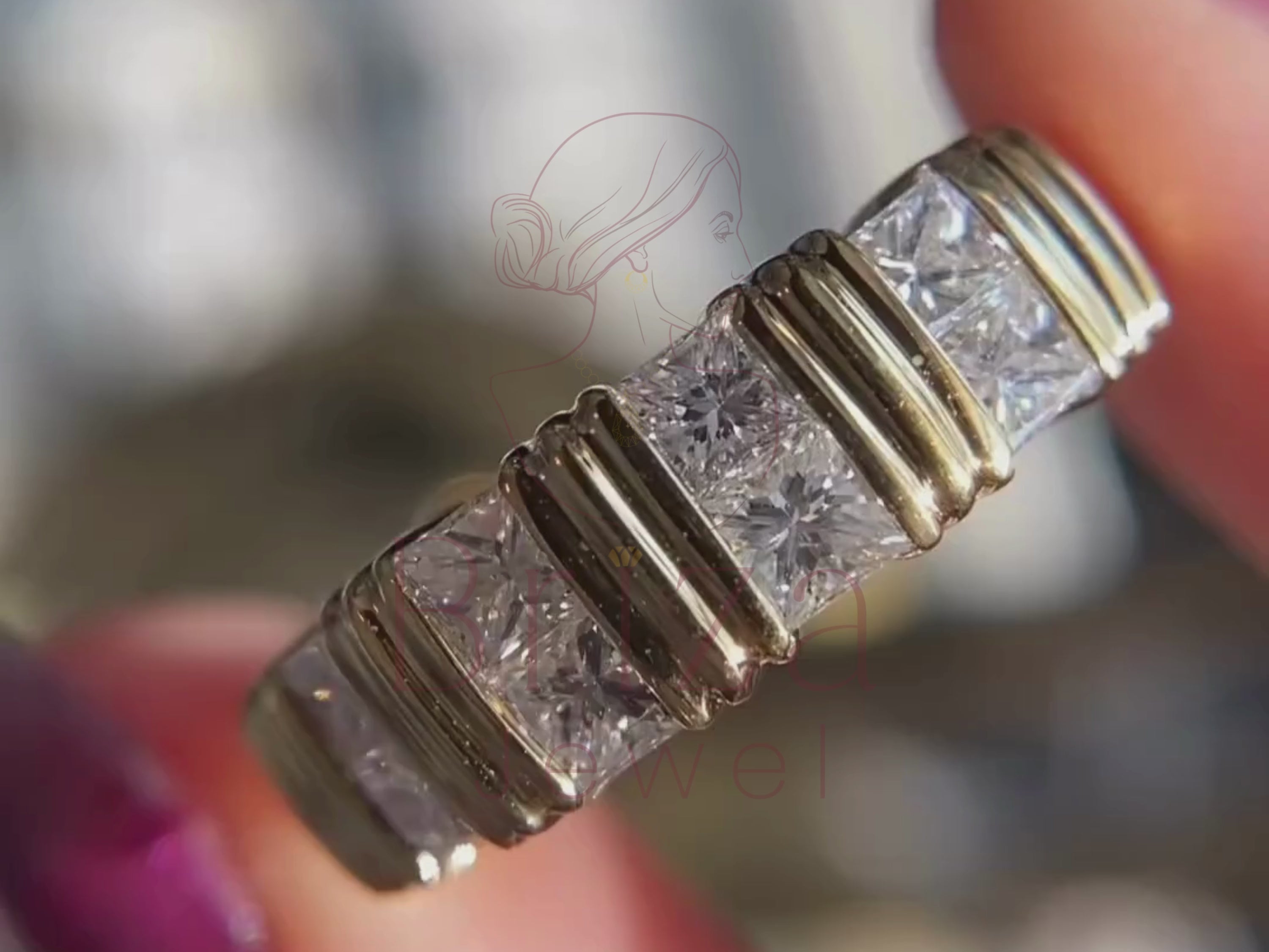 princess cut diamonds set in a wedding band close-up
