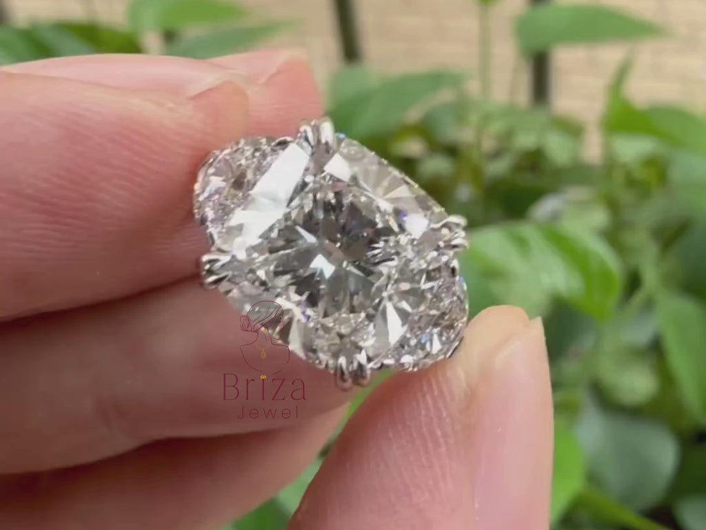 cushion cut lab grown diamond ring close-up showing side stone detail