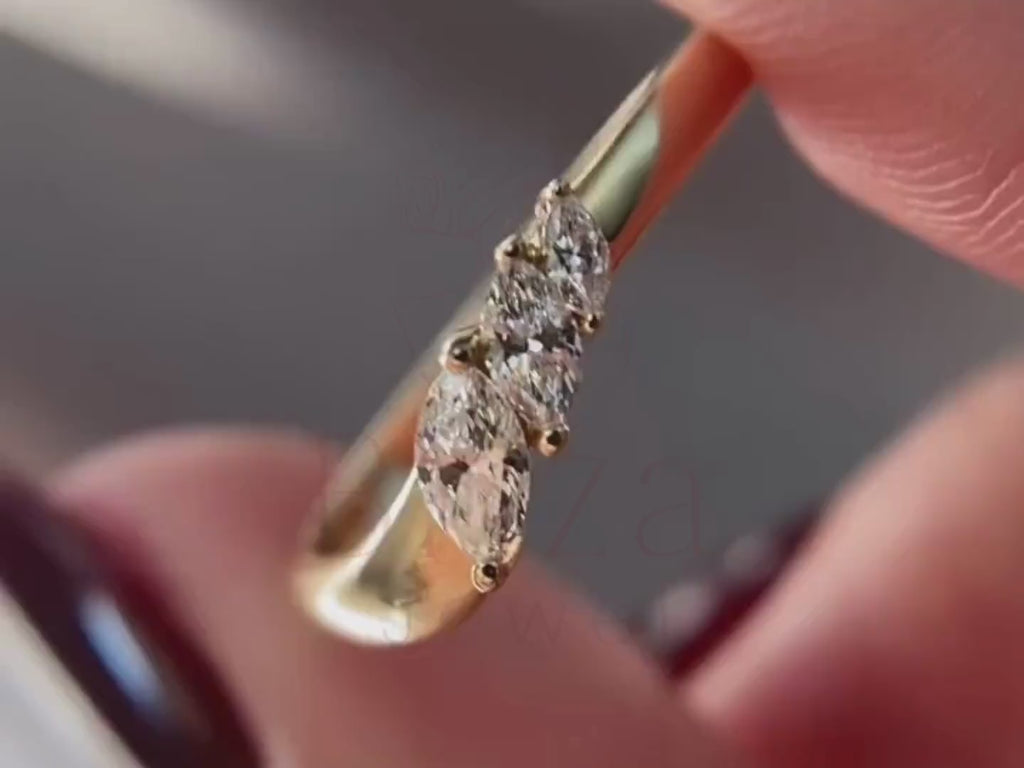 Three Stone Wedding Ring - Lab Grown 14K Gold Marquise Diamond