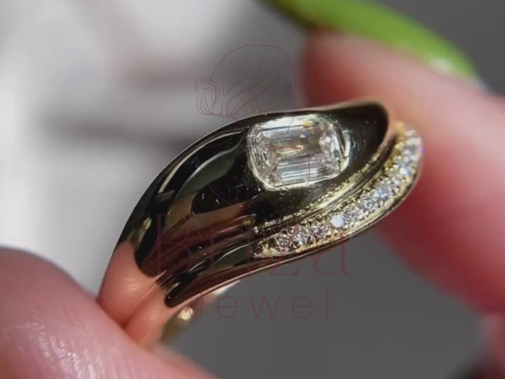 Yellow Gold Emerald Cut Engagement Ring with Pave Accent Band