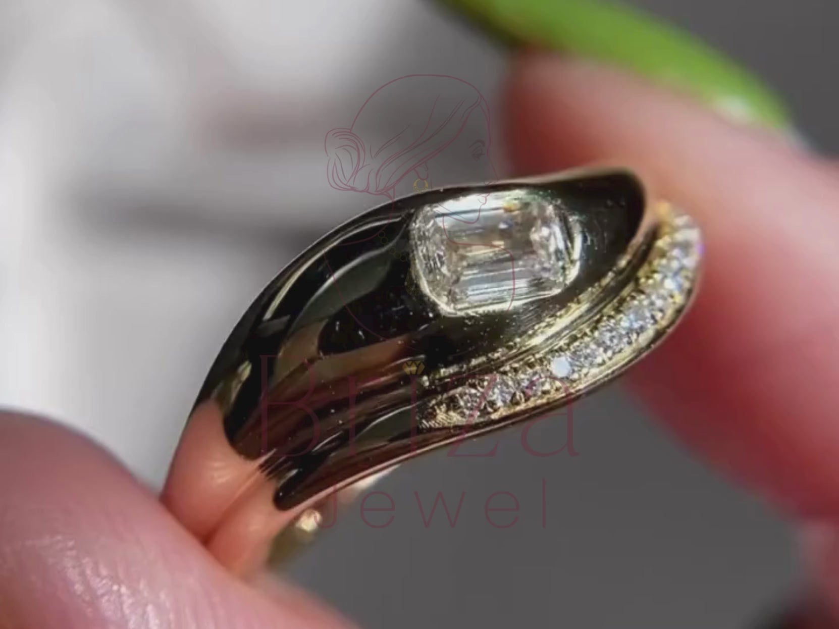 Yellow Gold Emerald Cut Engagement Ring with Pave Accent Band