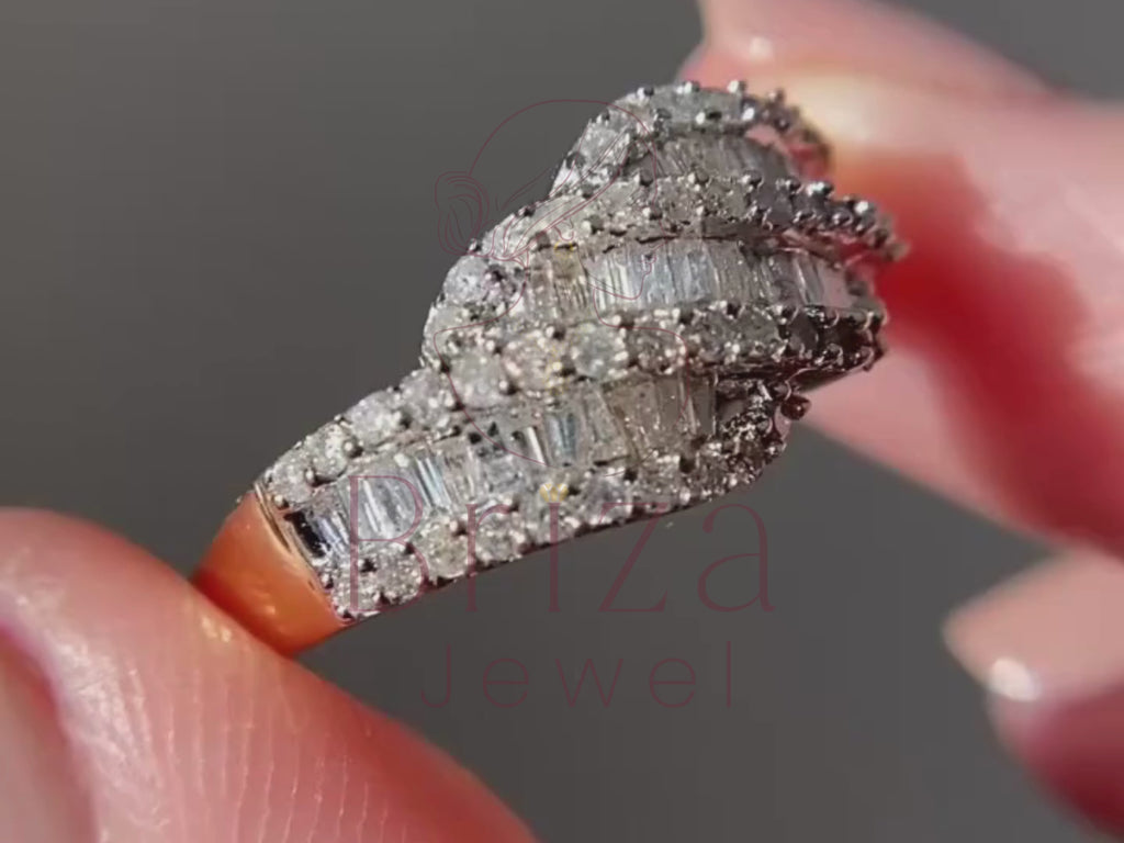 cross diamond ring close-up showing baguette moissanite detail