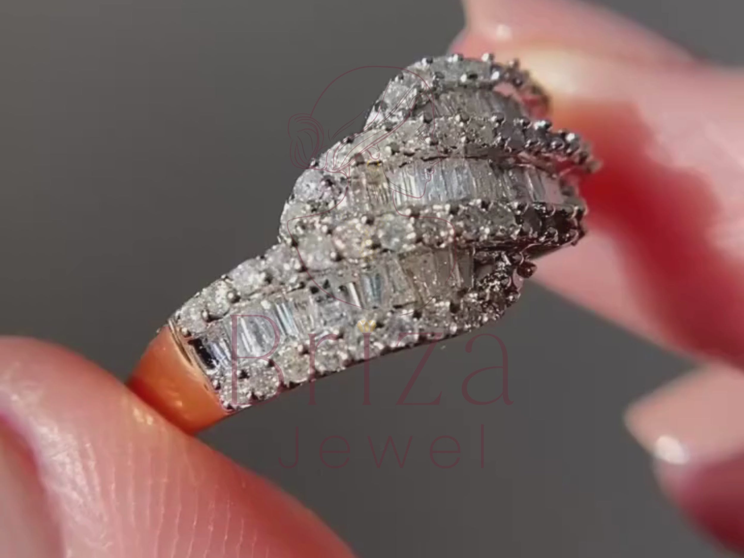 cross diamond ring close-up showing baguette moissanite detail
